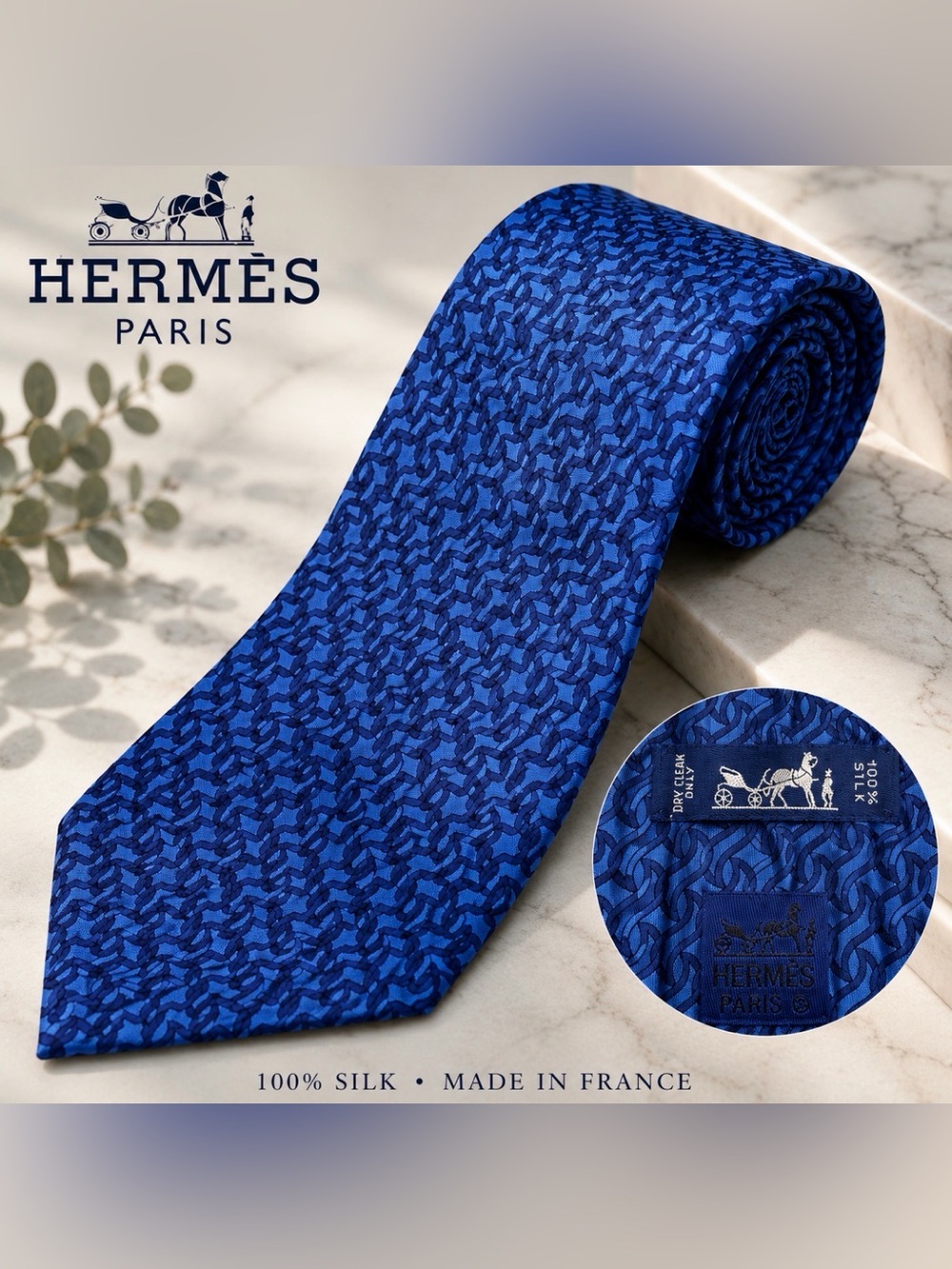 Hermès Paris 100% Silk Tie Blue Geometric Chain Link Jacquard Made France Luxury